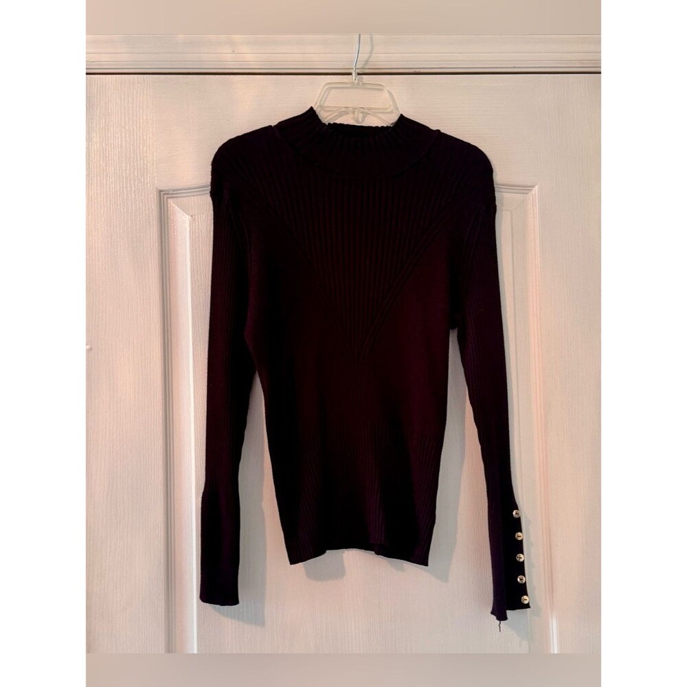 Madison Grey Women’s XL Long Sleeve Ribbed Mock Neck Sweater Black W Gold Button